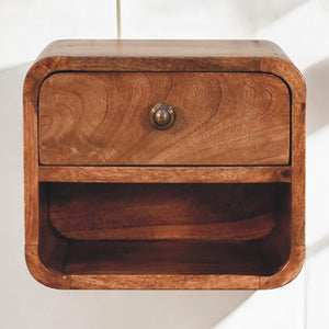 English Elm Solid Wood Mini Honey Caramel Wall-Mounted Bedside Unit With Drawer & Open Slot For Essentials Storage B182P279260-GIGA