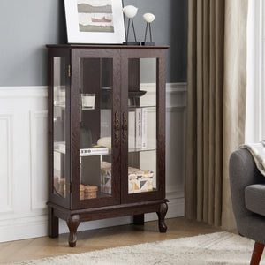 English Elm 2 Doors Curio Cabinet With Mirrored Back, Adjustable Shelves & Lighted Display For Collectibles W2275P178893