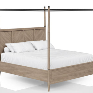 English Elm Queen Sand Canopy Bedroom Set with USB Nightstand, Cedar/Felt Drawers, Metal Accents & Mirror B2699S00058