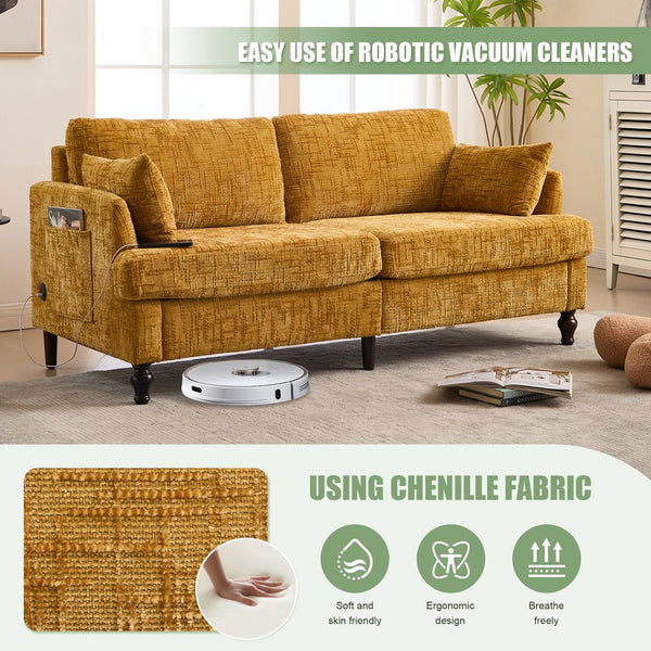 English Elm Modern chenille 2-seater sofa with LED, USB charging, storage pocket, solid wood legs, durable comfort Mustard yellow W395P318542