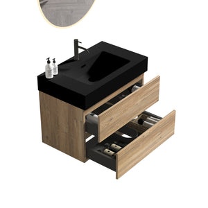 English Elm 30' Mid-Century Wall-Mounted Vanity with Oak-Tone Walnut Finish, Extra Storage & Soft-Close Drawers Oak W1865S00165
