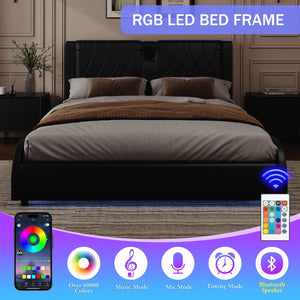 English Elm Full Faux Leather Upholstered Bed with Thick Headboard, Bluetooth Speakers, RGB LEDs & Storage Black 56.69 L x 19.69 W x 12.99 H N701P241046B