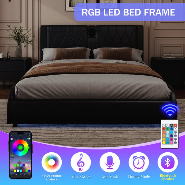 English Elm Full Faux Leather Upholstered Bed with Thick Headboard, Bluetooth Speakers, RGB LEDs & Storage Black 56.69 L x 19.69 W x 12.99 H N701P241046B