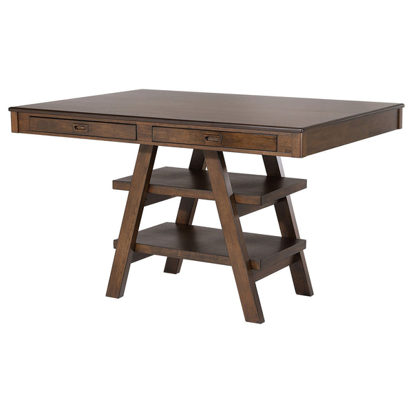 English Elm Ferrara Walnut Counter Height Table with 2 Drawers, Angled Legs, Shelves for Storage & Display (59.5"L) B062S01014