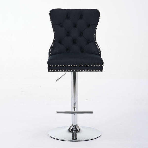English Elm Thick Velvet Swivel Barstools Adjustable 25-33" Height with 17.7" Chrome Base, Tufted Diamond Pleat Elegance Black W1143P335042