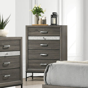 English Elm Contemporary Chic Chest with Gold Accents, Acrylic Trim, Metal Bracket Legs and Dust‑Proof Drawers Gray 34 L x 21 W x 51 H B2741P372199