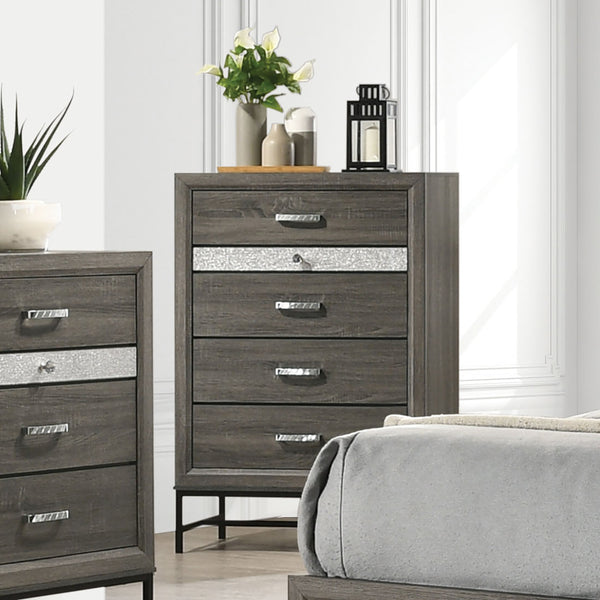 English Elm Contemporary Chic Chest with Gold Accents, Acrylic Trim, Metal Bracket Legs and Dust‑Proof Drawers Gray 34 L x 21 W x 51 H B2741P372199