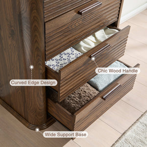 English Elm 6 Drawer Tall Fluted Chest with Waveform Fronts Slim Wooden Storage for Modern Bedroom Walnut T5326P425092