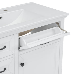 English Elm 36-Inch Modern Bathroom Vanity with Ceramic Basin, 4 Drawers & Soft-Close Door, Pre-Drilled Faucet Ready, Durable MDF and Solid Wood Construction (36"L x 18.3"W x 33.4"H) White N725P296118K