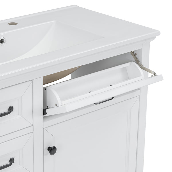 English Elm 36-Inch Modern Bathroom Vanity with Ceramic Basin, 4 Drawers & Soft-Close Door, Pre-Drilled Faucet Ready, Durable MDF and Solid Wood Construction (36"L x 18.3"W x 33.4"H) White N725P296118K