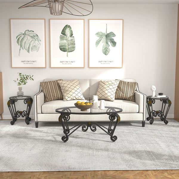 English Elm Tempered Glass Nesting Coffee Table Set Three Piece Elliptical Metal Living Room D665098815
