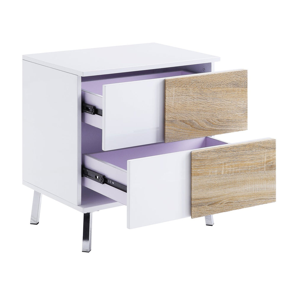 English Elm White White High Gloss and Natural End Table with 2 Drawers, Soft-Close Safety Stops, Modern Chic Storage B062P186486