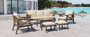 English Elm 6-piece Outdoor Conversation Set with Acacia Wood Accents and Steel Frame Patio Seating Brown,Cream Beige N704G201256A