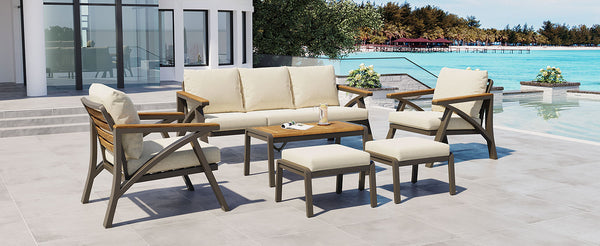 English Elm 6-piece Outdoor Conversation Set with Acacia Wood Accents and Steel Frame Patio Seating Brown,Cream Beige N704G201256A