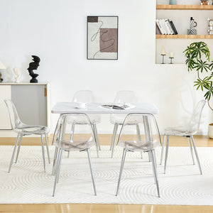 English Elm Table and Chair Set Marble Glass Top Six Ghost Seats Silver Legs Modern Dining W1151S04644