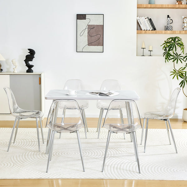 English Elm Table and Chair Set Marble Glass Top Six Ghost Seats Silver Legs Modern Dining W1151S04644