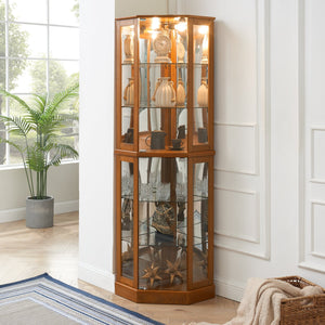 English Elm 6 Shelf Corner Curio Cabinet with Interior Lighting, Mirrored Back, Glass Shelves for Displays Oak W1693P165029