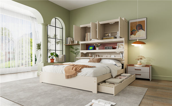 English Elm Full Size Wooden Platform Bed With Usb Charging, Storage Headboard & Elegant Drawers In Cream N820S00045K