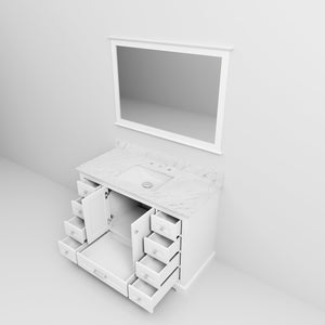 English Elm White Single Bath Vanity 48 in. W x 22 in. D with Carrara Marble Top, 9 Drawers, Soft-Close, Mirror Included B2731S00648