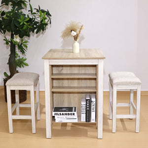 English Elm 3 Piece Counter Height Dining Set with Shelving Cushioned Stools Modern Farmhouse Kitchen Ameican White Oak,Ancient White W2537P369837