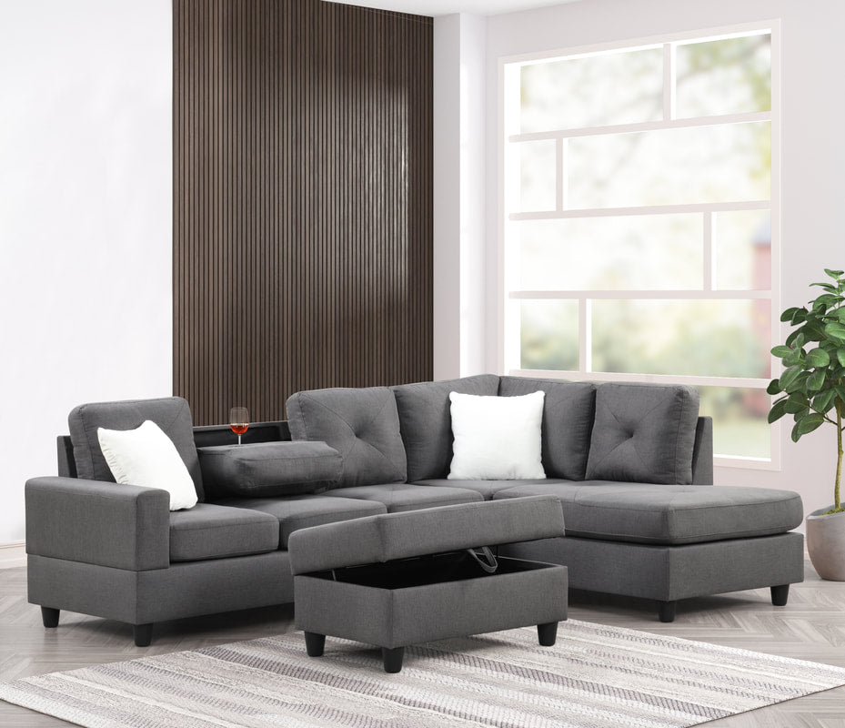 English Elm Modern L-shaped Sectional with Button Tufted Back and Drop Down Center Table Charcoal B2771P498532