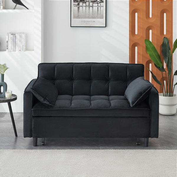 English Elm Modern Velvet Sofa Pull-Out Bed 3-in-1 Convertible Love Seat with Pillows, Spacious 500lb Support Black W3371P315001