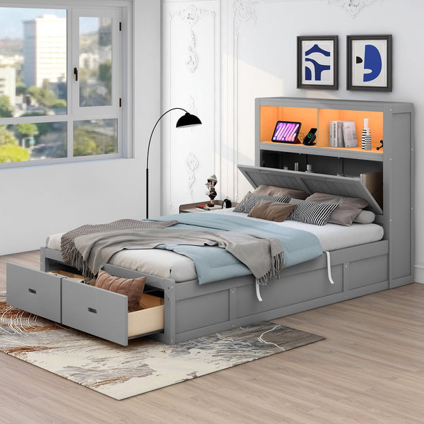 English Elm Wood Full Size Hydraulic Platform Bed with LED Headboard, Charging Station, Hidden Storage Drawers and Shelves Gray GX000371AAE