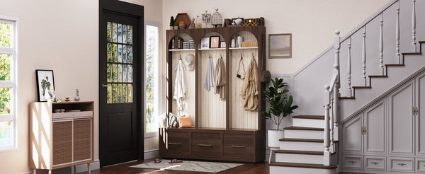 English Elm Farmhouse Hall Tree with Arched Panels Bench Drawers and Hooks for Mudroom Entryway Walnut W5271S00006