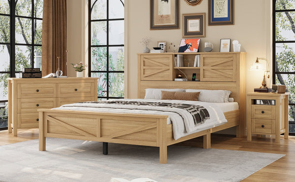 English Elm 3-Pieces Bedroom Set Full Size Farmhouse Platform Bed with Storage Headboard, Nightstand & Dresser Natural 46.25 L x 9.25 W x 9 H N733S369037M