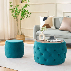 English Elm Ball Cast Round Nesting Ottoman Set Linen Upholstered Hidden Storage with Wooden Tray Blue W3163P379372