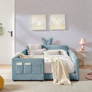 English Elm Full Size Boucle Platform Bed Whimsical Rabbit Ear Headboard with Safety Rail Sky Blue W1413S00137