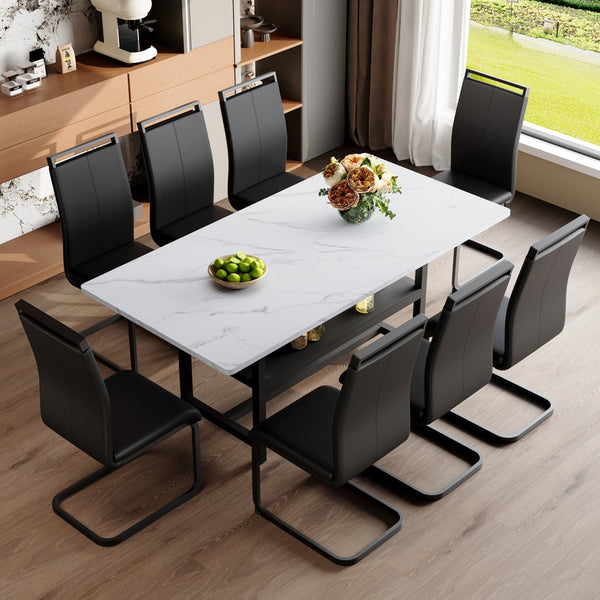 English Elm Table And Chair Set - Modern White Grain Spliced Dining Table With 8 Black Pu Chairs & Storage Function W1151S04275-GIGA