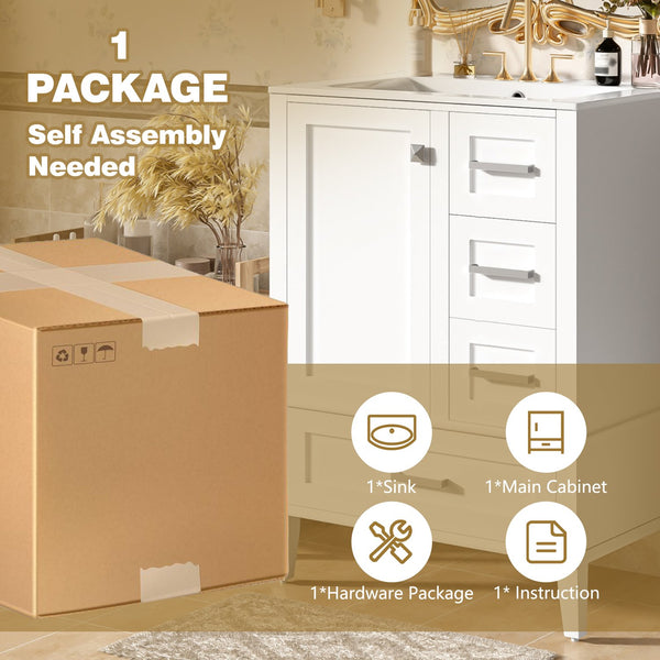 English Elm 24" Olive Bathroom Vanity Solid Wood Frame Ceramic Sink Gold Hardware Soft Close White N729P373276K