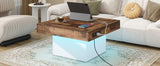 English Elm 31.4'' X 31.4'' Farmhouse Coffee Table With 2 Usb Ports and Outlets, Brown Spliced Wood Grain Center Table With Led Light, Rustic Cocktail Table With Charging Station For Living Room, White