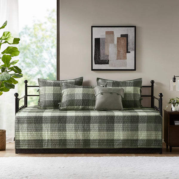 JLA Home Madison Park - 6 Piece Reversible Plaid Daybed Cover Set — Buffalo Plaid & Quilted Herringbone Texture for Cozy Cabin Style Grey MP13-8388