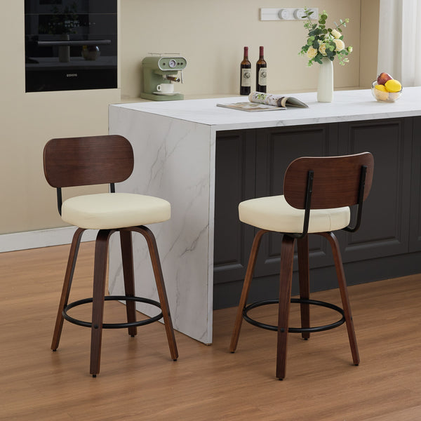 English Elm Swivel 26" Upholstered Counter Stools Set of 2 with Walnut Bentwood Back, PU Comfort Seat & Swivel Footrest Beige W1143P300154