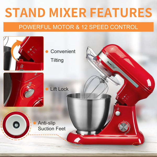 English Elm Geek Chef Tilt-head Stand Mixer Copper Motor Planetary Action 4.8qt Stainless Bowl Red W1002P416166