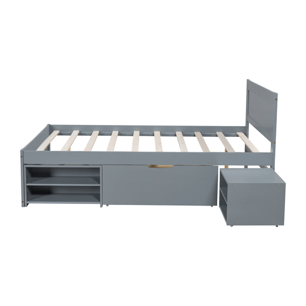 English Elm Full Size Platform Bed with Storage Drawers & Shelves, Gray MDF Construction, 400lb Capacity, Sturdy Design N709P214183E