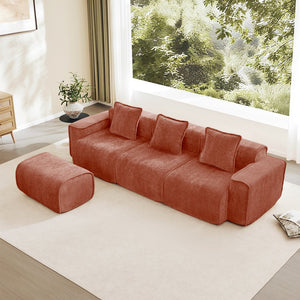 English Elm Streamlined Velvet L-shaped Sectional Sofa with Ottoman and Cloud Cushion Living Room Red W3041S00359