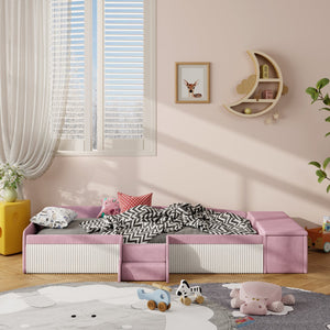 English Elm Twin Velvet Kids Daybed with Built-in Stairs Padded Guardrails and Gas Lift Storage Pink+White SF000201AAH