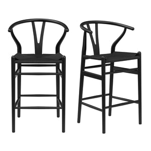 English Elm Wishbone Rattan Barstool with Woven Papercord Seat, Solid Ash Wood, Eco-Friendly Finish, Fully Assembled Black T3623P379811