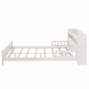 English Elm Full Pine Wood Bed with Bookcase Headboard and LED Motion Sensor Light, Guardrails & Storage Space White W504P277600