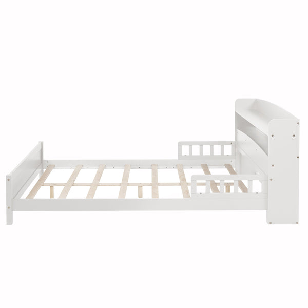 English Elm Full Pine Wood Bed with Bookcase Headboard and LED Motion Sensor Light, Guardrails & Storage Space White W504P277600