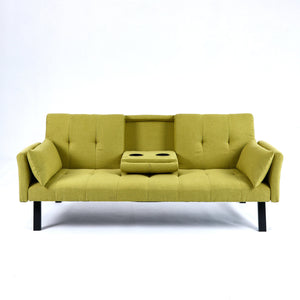 English Elm 70-inch Foldable Cotton Linen Sofa Bed with Cup Holder & Side Storage, Space-Saving 2-Seater Design Green W3371P337200