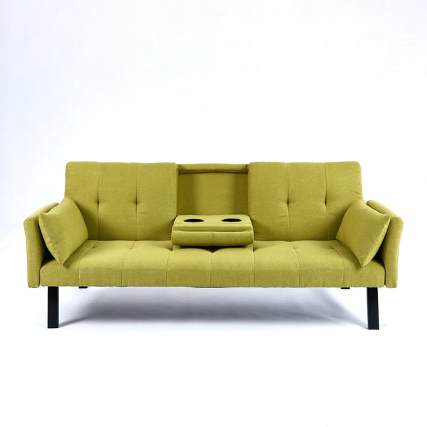 English Elm 70-inch Foldable Cotton Linen Sofa Bed with Cup Holder & Side Storage, Space-Saving 2-Seater Design Green W3371P337200