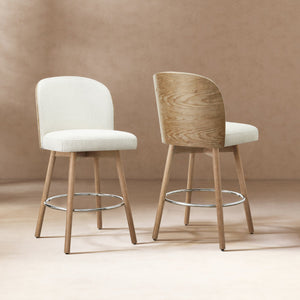 English Elm Jennifer Taylor Home - Tomlin Bentwood Swivel Counter Stools Set of 2 Off-White Bouclé — 360° Swivel, Padded Seats, Chrome Footrest, Solid Wood Legs B2719P328583