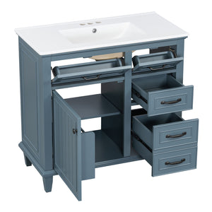 English Elm 36 Inch Bathroom Vanity With Ceramic Sink, Adjustable Shelf, Stylish Storage, Modern Blue Finish N725P336554C
