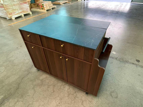 English Elm Kitchen Rolling Cart with Black Marble Top Drop Leaf Drawers and Spice Rack Storage Walnut B2764S00007