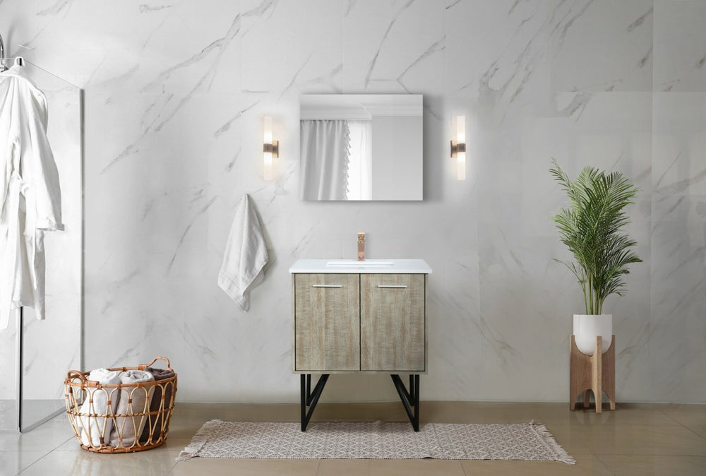 English Elm Rustic Acacia Bath Vanity 30" W With White Quartz Top, Rose Gold Faucet & 28" Mirror For Modern Style B2731S01930-GIGA