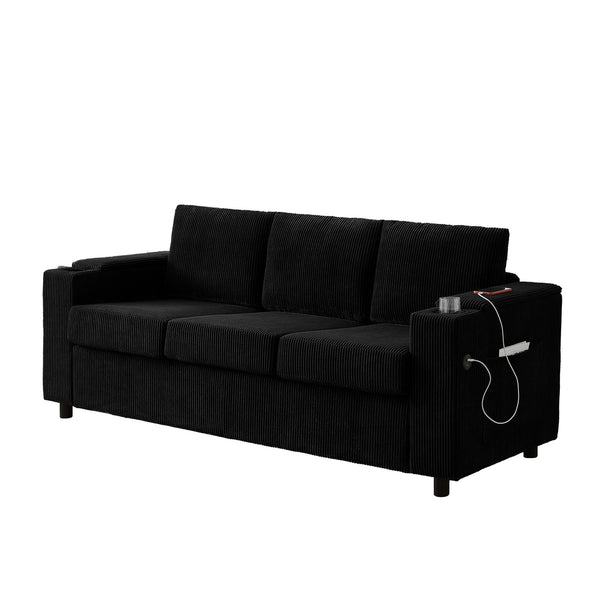 English Elm 81" Queen Sleeper Sofa with Pull Out Bed Storage Charging Ports and Cup Holders Black W3705S00043